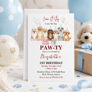 Cute Puppy Dog Boy 1st Birthday | Pawty Time First Invitation