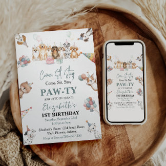 Cute Puppy Dog Boy 1st Birthday | Pawty Time First Invitation