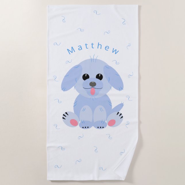 Cute Puppy Dog Cartoon Blue Personalized Beach Towel (Front)