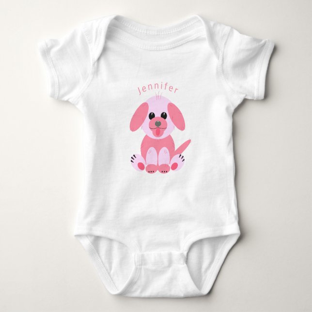 Cute Puppy Dog Cartoon Pink Personalized Baby Girl Bodysuit (Front)