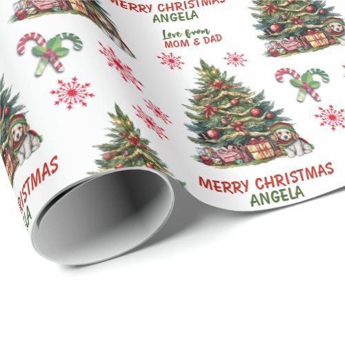 Cute Puppy Dog Christmas Tree Kids Wrapping Paper