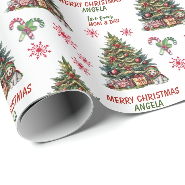 Cute Puppy Dog Christmas Tree Kids Wrapping Paper (Roll Corner)