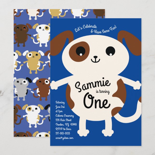 Cute Puppy Dog Colorful 1st Birthday Invitations (Front/Back)