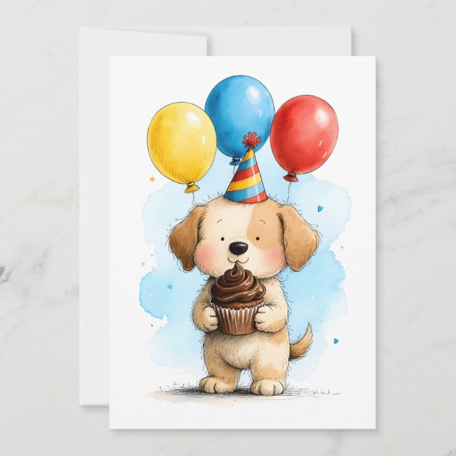 Cute Puppy Dog & Cupcake Kid's Happy Birthday Flat Card (Front)
