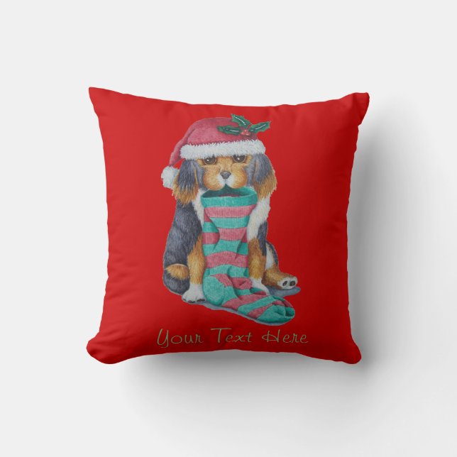 cute puppy dog dressed for christmas throw pillow (Front)