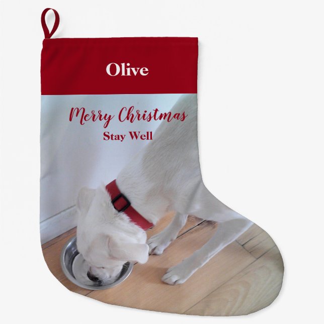 Cute Puppy Dog Drinking Water Red Christmas Large  Stocking (Front)