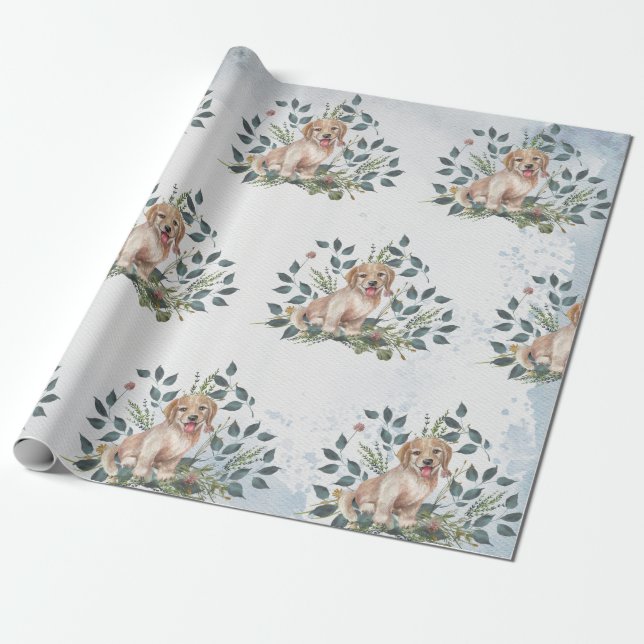 Cute Puppy Dog Floral Eucalyptus Wrapping Paper (Unrolled)