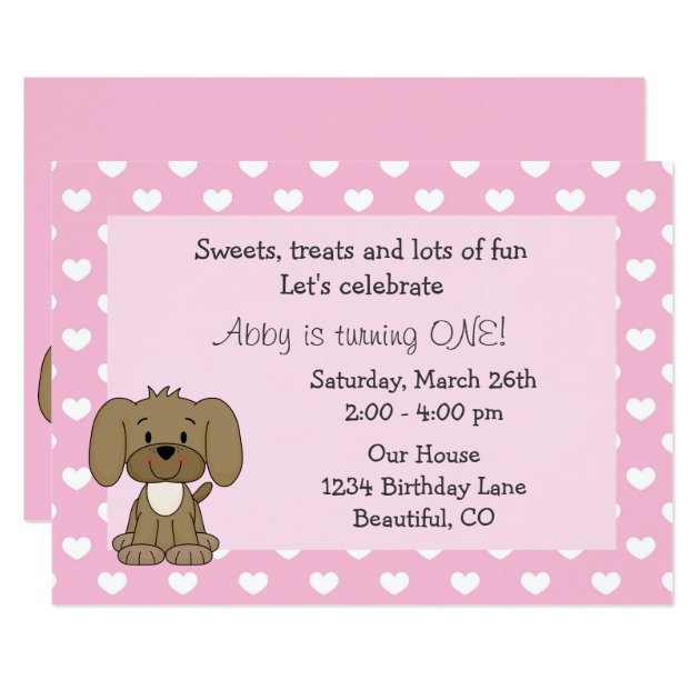 Cute Puppy Dog Girls 1st Birthday Invitation