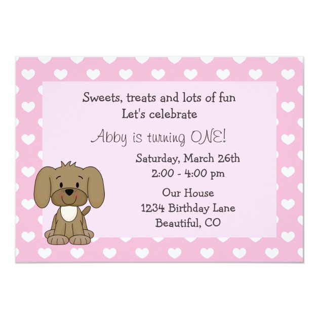 Cute Puppy Dog Girls 1st Birthday Invitation