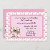 Cute Puppy Dog Girls 1st Birthday Pink Invite (Front/Back)