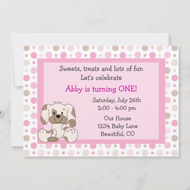 Cute Puppy Dog Girls 1st Birthday Pink Invite (Front)