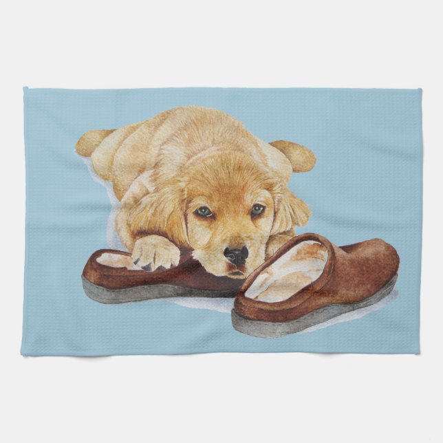 cute puppy dog golden retriever kitchen towel (Horizontal)