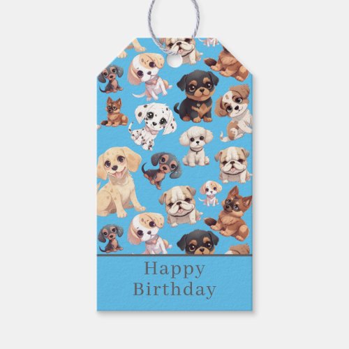 Cute Puppy Dog Happy Birthday Blue Gift Tags