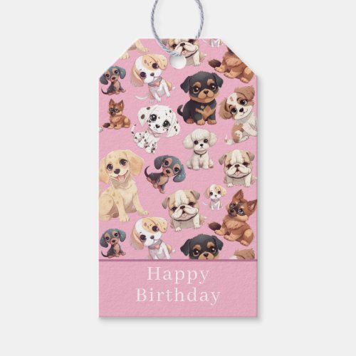 Cute Puppy Dog Happy Birthday Pink Gift Tags