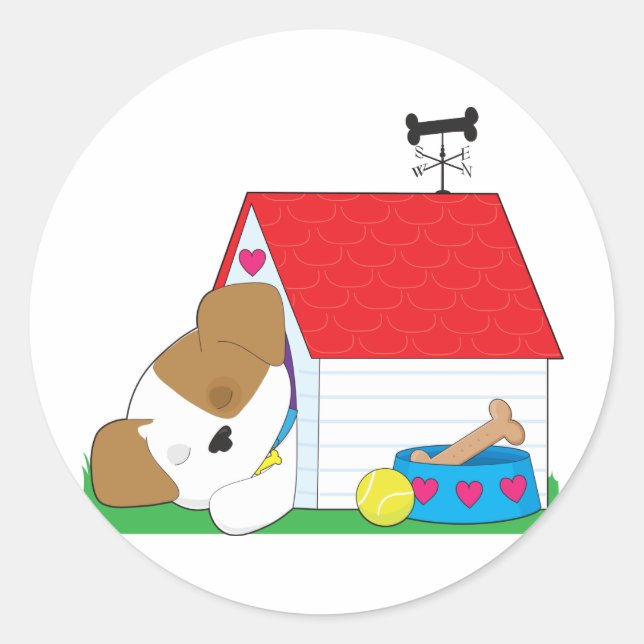 Cute Puppy Dog House Classic Round Sticker (Front)