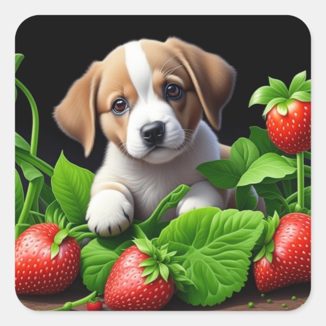Cute Puppy Dog in a bunch of Strawberries Square Sticker (Front)