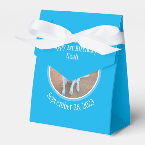 Cute Puppy Dog in Blue Scarf Happy 1st Birthday Favor Boxes