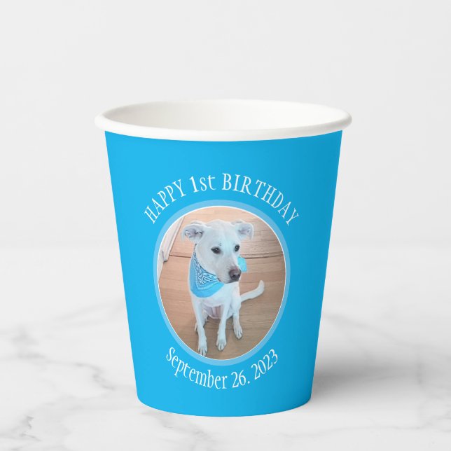Cute Puppy Dog in Blue Scarf Happy 1st Birthday Paper Cups (Front)