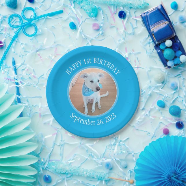 Cute Puppy Dog in Blue Scarf Happy 1st Birthday Paper Plates (Party)