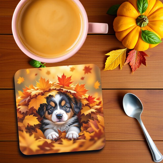 Cute Puppy Dog in Fall Leaves Beverage Coaster (Creator Uploaded)