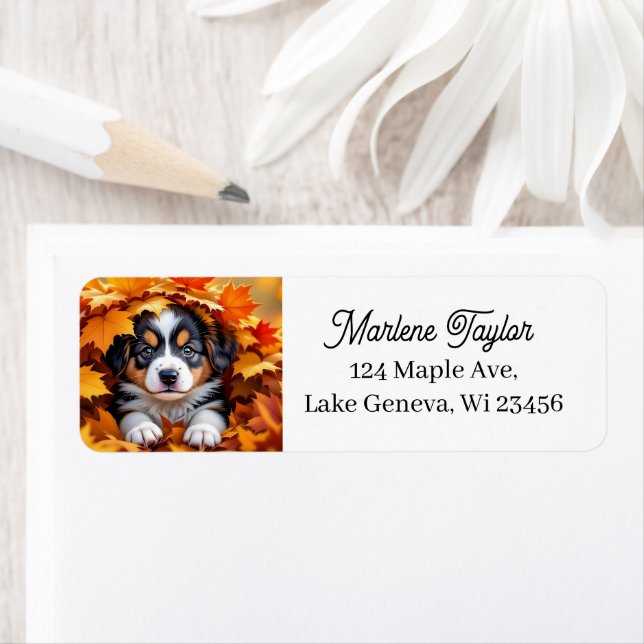 Cute Puppy Dog in Fall Leaves Label (Insitu)