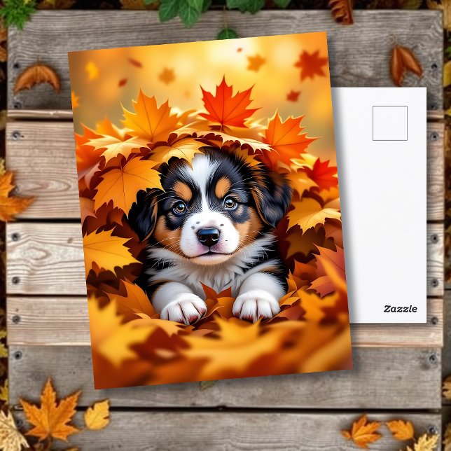 Cute Puppy Dog in Fall Leaves Postcard (Creator Uploaded)