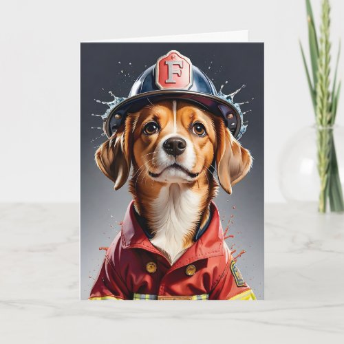 Cute Puppy Dog in Firefighter Uniform Watercolor Card