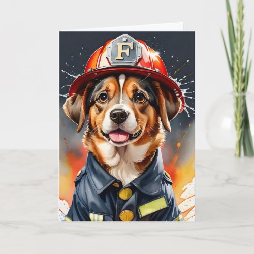 Cute Puppy Dog in Firefighter Uniform Watercolor  Card