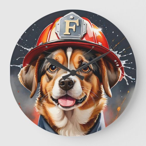 Cute Puppy Dog in Firefighter Uniform Watercolor Large Clock