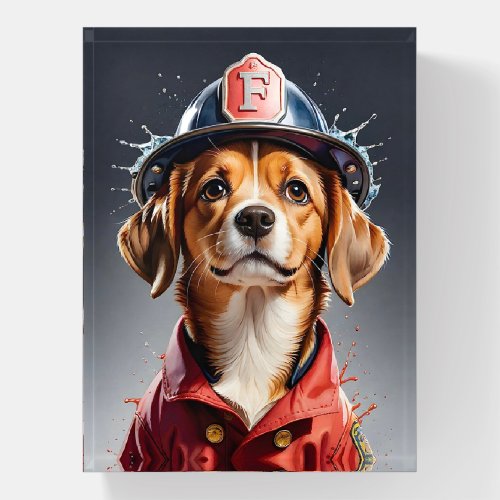 Cute Puppy Dog in Firefighter Uniform Watercolor Paperweight
