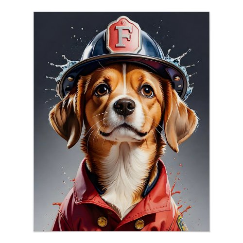 Cute Puppy Dog in Firefighter Uniform Watercolor Poster