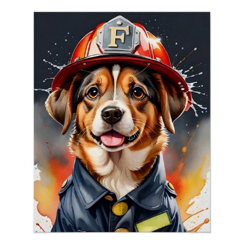 Cute Puppy Dog in Firefighter Uniform Watercolor Poster