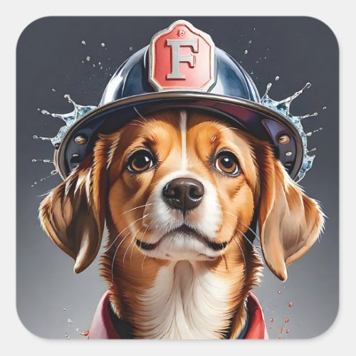 Cute Puppy Dog in Firefighter Uniform Watercolor Square Sticker