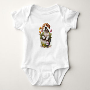 Cute Puppy Dog in Flower Pot Baby Bodysuit