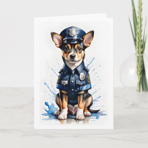 Cute Puppy Dog in Police Uniform Watercolor Card