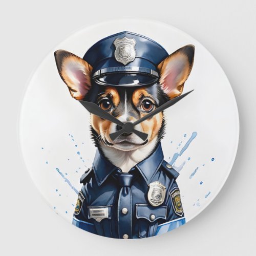 Cute Puppy Dog in Police Uniform Watercolor Large Clock