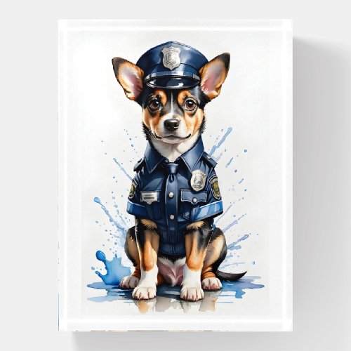 Cute Puppy Dog in Police Uniform Watercolor Paperweight