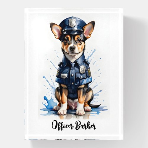 Cute Puppy Dog in Police Uniform Watercolor Paperweight