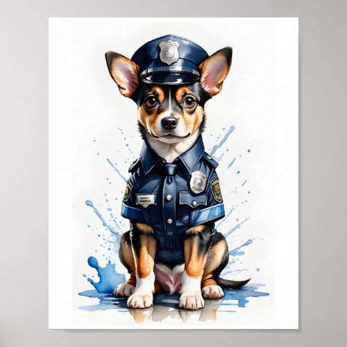 Cute Puppy Dog in Police Uniform Watercolor Poster