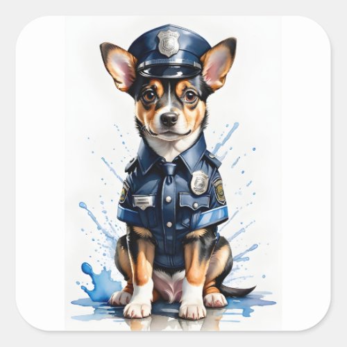 Cute Puppy Dog in Police Uniform Watercolor Square Sticker