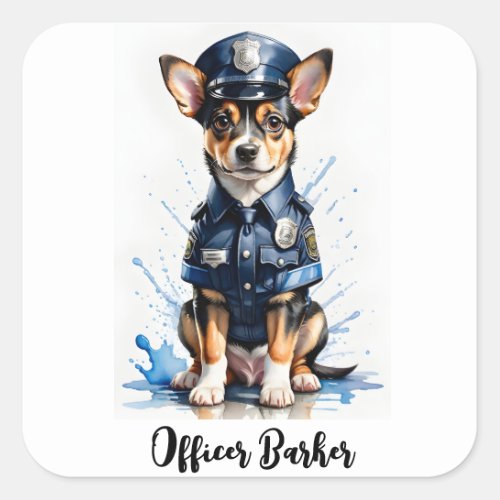 Cute Puppy Dog in Police Uniform Watercolor Square Sticker