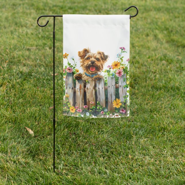 CUTE PUPPY DOG LOOKING OVER A FENCE WITH FLOWERS GARDEN FLAG (In SItu)
