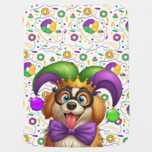Cute puppy dog Mardi Gras in jester hat Baby Blanket