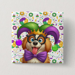 Cute puppy dog Mardi Gras in jester hat Button