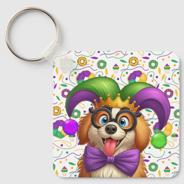 Cute puppy dog Mardi Gras in jester hat Keychain (Front)