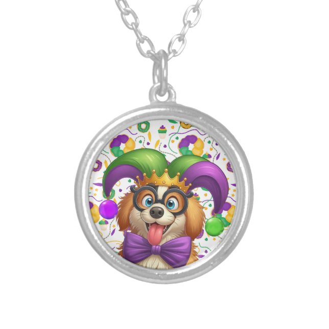 Cute puppy dog Mardi Gras in jester hat Silver Plated Necklace (Front)