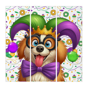 Cute puppy dog Mardi Gras in jester hat Triptych