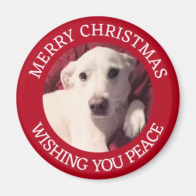 Cute Puppy Dog Merry Christmas Peace Red Magnet (Front)