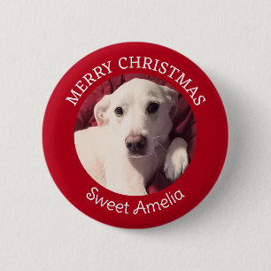 Cute Puppy Dog Merry Christmas Red Button