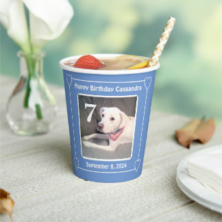 Cute Puppy Dog One Photo Birthday Number 7 Blue Paper Cups